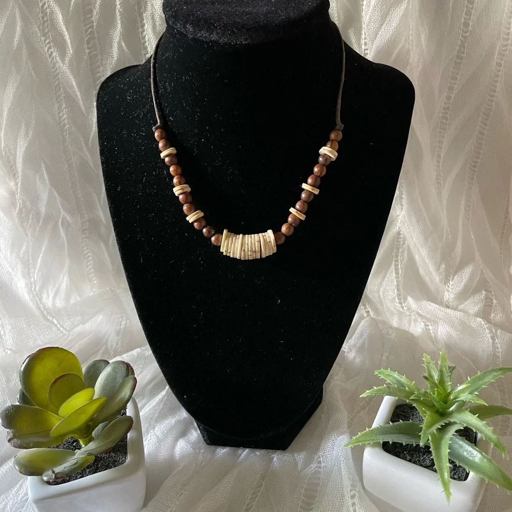 3 choker necklaces (white flower, white shell, wooden beads)